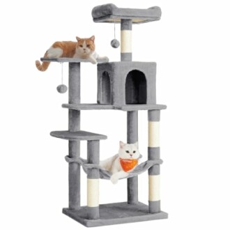 Zwei Katzen auf einem grauen Kratzbaum mit Hängematte und Spielzeug.