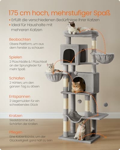 Grauer Katzen-Kletterbaum mit mehreren Ebenen und Katzen.