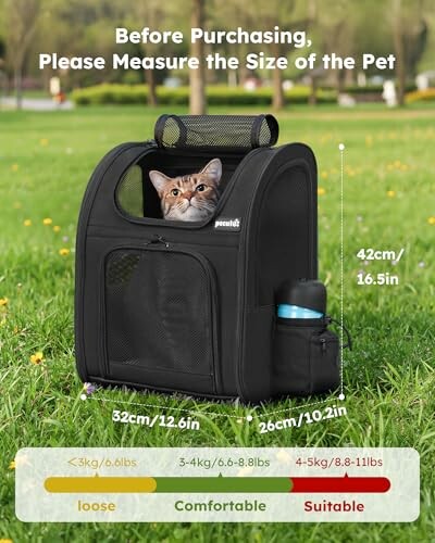 Katzentragetasche auf Rasen mit Größenanleitung